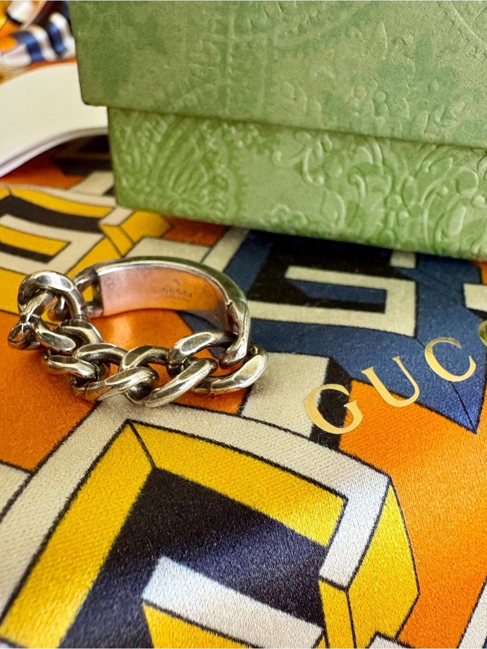 AUTHENTIC GUCCI Plate Ring RARE SET Teal 925 Silver Sz 9 Turquoise Green Inlay - Picture 10 of 10